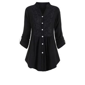 Lace-Accent Mandarin-Collar Tab-Sleeve Button-Up
